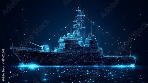 Futuristic warship navigates a digital ocean, glowing with interconnected lines in a dark blue backdrop. A high-tech naval projection showcases advanced technology. Abstract wireframe in dark blue.