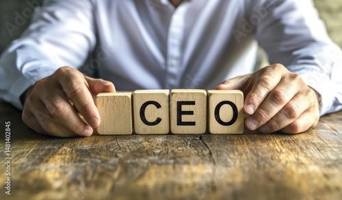 Close-up of hands holding wooden blocks spelling out CEO on a rustic wooden table.  Business leader, likely a CEO, or a representation of business leadership