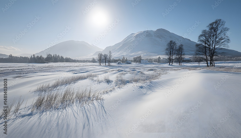 Obraz premium Vast snowy landscape with mountain range backdrop.