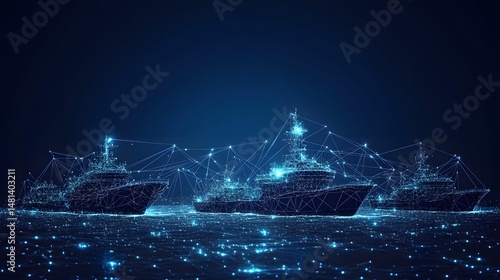 Futuristic warships sail on a digital ocean of blue dots. Polygonal, wireframe design emphasizes technology and networks. Glowing points connect the sky. Abstract wireframe in dark blue.