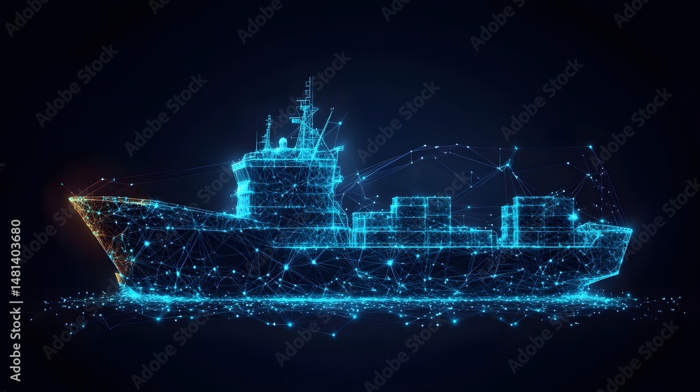 Obraz premium Futuristic cargo ship concept crafted from glowing blue network lines. Digital representation of maritime technology and global trade. Abstract wireframe in dark blue