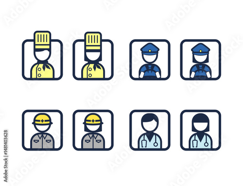 四角いシンプルなカラー職業イラストアイコン（コック・運転手・作業員・医師）