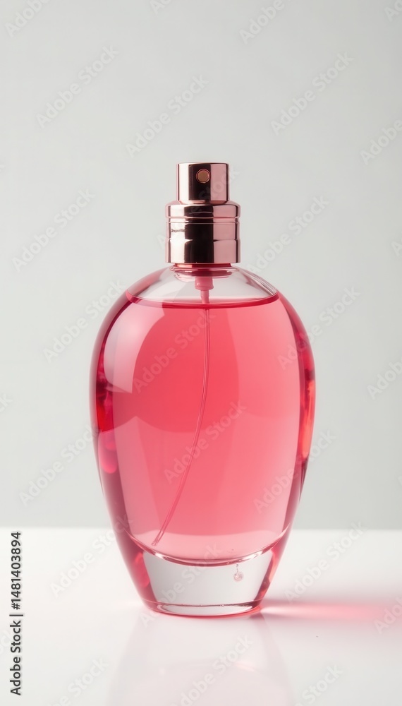 White background with a slender strawberry-shaped perfume bottle, strawberry perfume, white background White background with a slender strawberry-shaped perfume bottle, strawberry perfume, white background