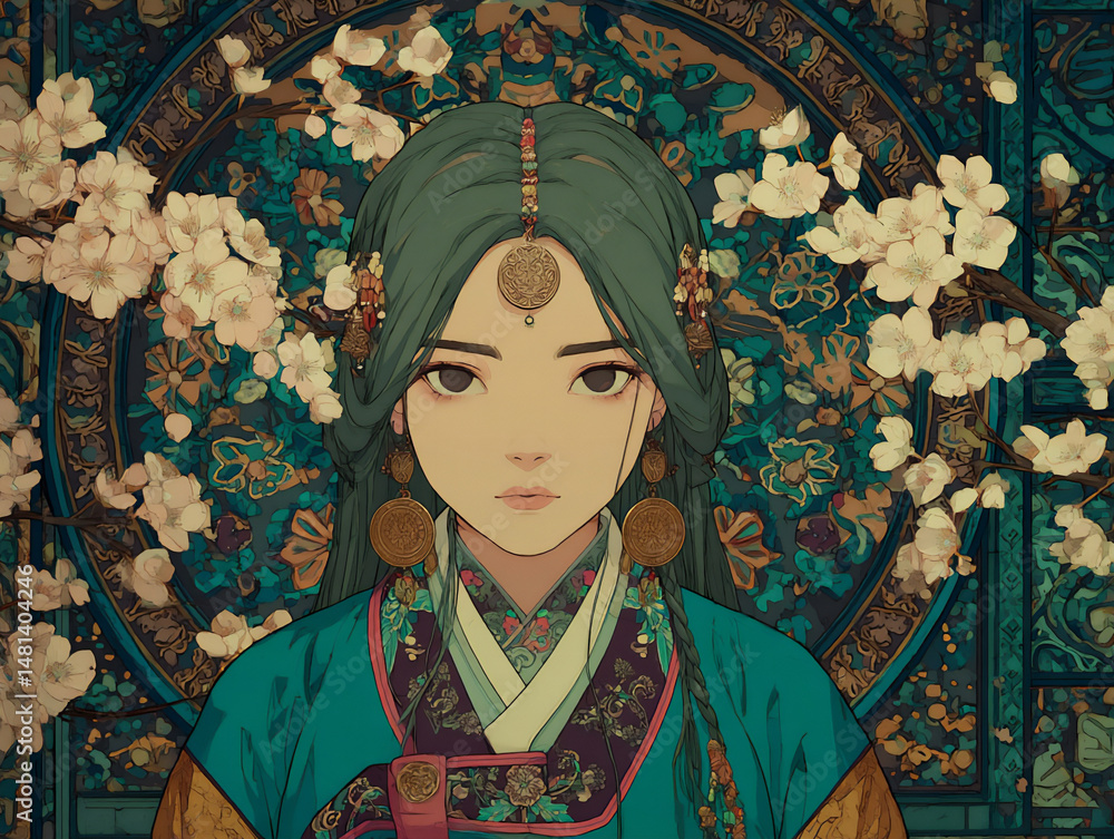 Fototapeta premium soft and luminous digital painting style portrait of a woman wearing a vibrant korean hanbok with intricate embroidery and delicate hair ornaments