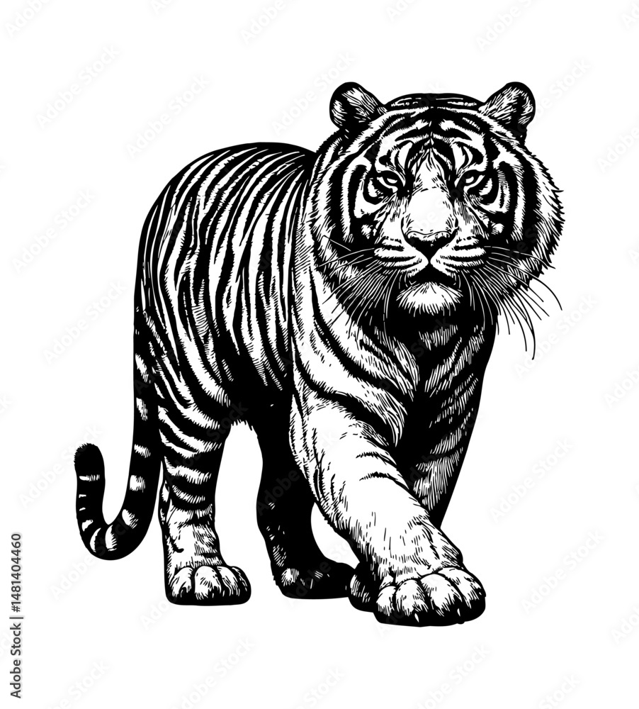 Detailed Engraving of a Walking Tiger with Stripes in Black and White Ink Drawing Detailed Engraving of a Walking Tiger with Stripes in Black and White Ink Drawing