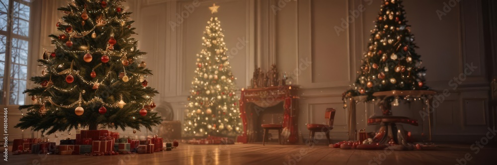 Ornate Christmas tree, shimmering ornaments, warm lights, bow, garland, merry Ornate Christmas tree, shimmering ornaments, warm lights, bow, garland, merry