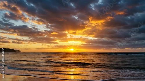 Dramatic sunset over ocean, vibrant sky with colorful clouds, Dominican Republic 4k video, golden sun reflection, Tropical ocean beach and beautiful color sunrise over caribbean sea shore, 