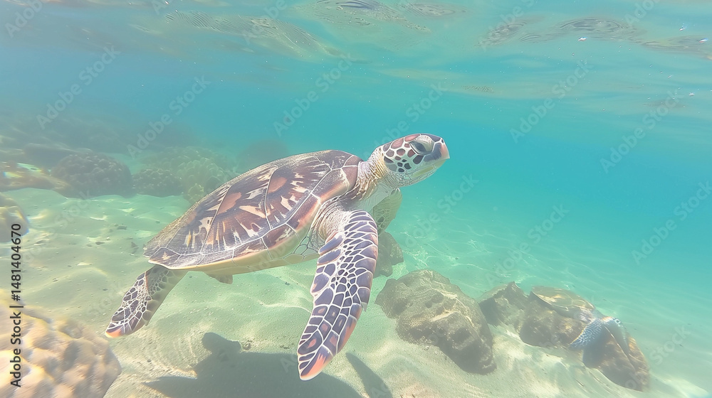 Fototapeta premium Endangered Hawaiian Green Sea Turtle gliding through ocean waters, a serene glimpse of marine conservation in action
