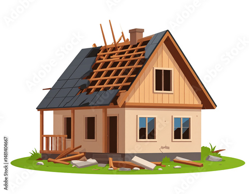 Damaged house with a missing roof, surrounded by debris
