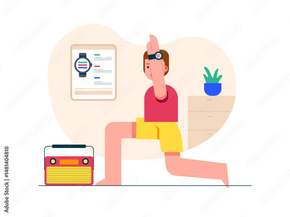 Obraz premium Man doing stretch exercise. Healthy life illustration. Flat vector illustration concept