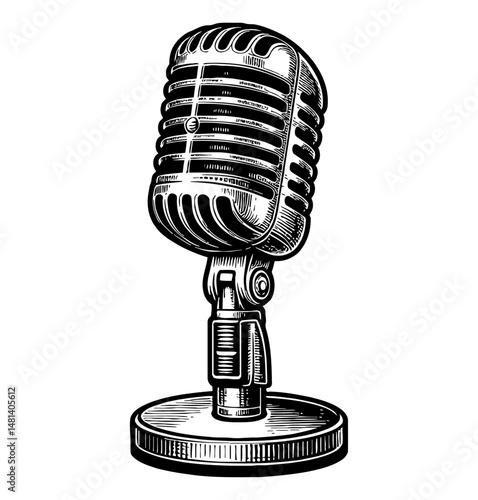 Detailed Vintage Microphone Illustration, Classic Style, Black and White Line Art Drawing, Standing