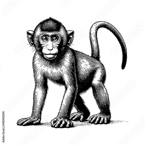 Engraved Illustration of a Young Monkey Standing on Ground Looking Forward in Black and White