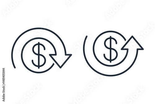 Dollar with arrows moving up, down. Set of vector linear icons isolated on white background.