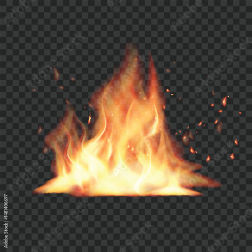 Realistic Burning Fire Flames with Sparks on Transparent Background. Vector