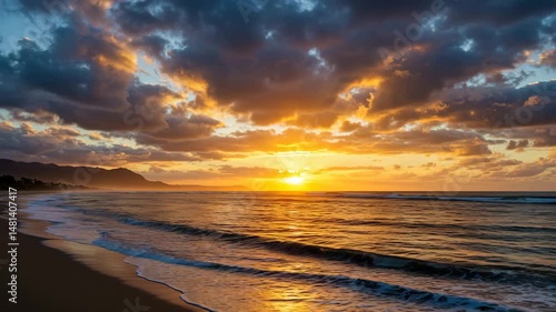 Dramatic sunset over ocean, vibrant sky with colorful clouds, Dominican Republic 4k video, golden sun reflection, Tropical ocean beach and beautiful color sunrise over caribbean sea shore, 