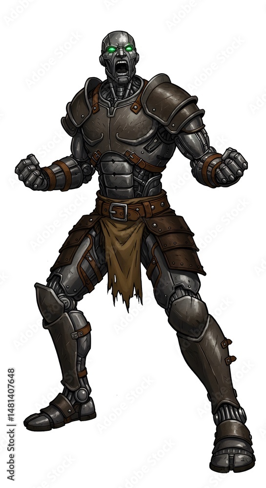 Illustration of a metal humanoid robot warrior with glowing green eyes and open mouth in armor Illustration of a metal humanoid robot warrior with glowing green eyes and open mouth in armor
