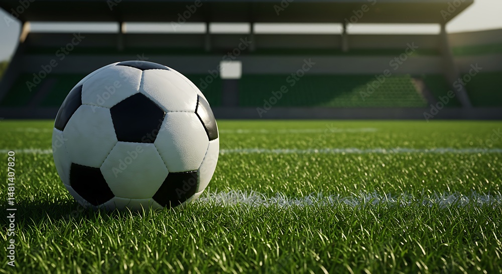 Fototapeta premium Piłka nożna na boisku z bliska, stadion w tle, przedstawiająca sportową pasję i ducha rywalizacji w wydarzeniach sportowych