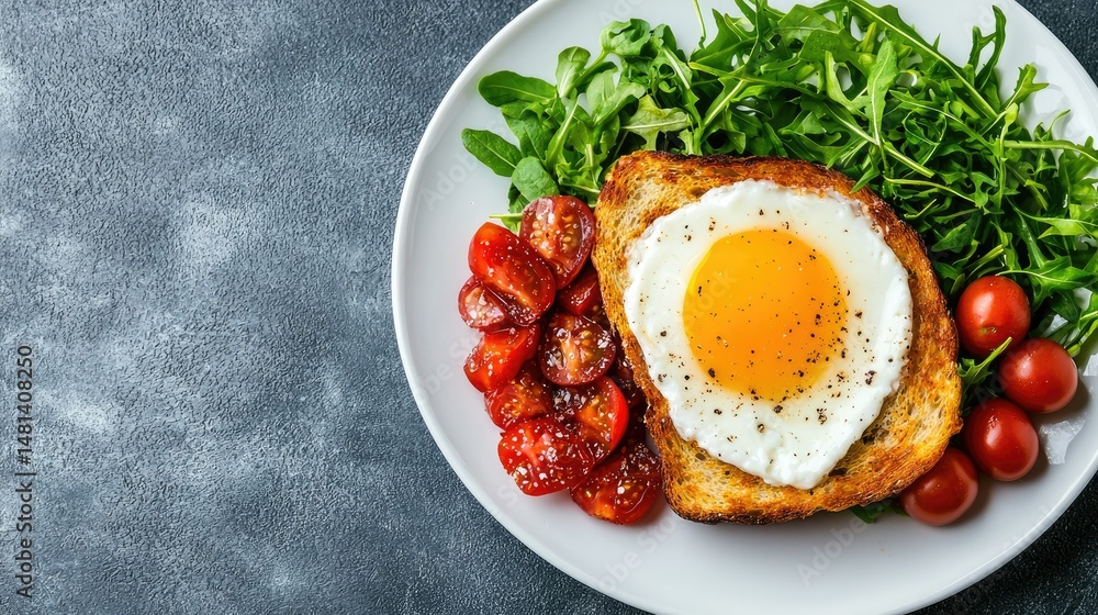 Delicious Sunny-Side Up Egg on Toast with Cherry Tomatoes and Arugula Delicious Sunny-Side Up Egg on Toast with Cherry Tomatoes and Arugula