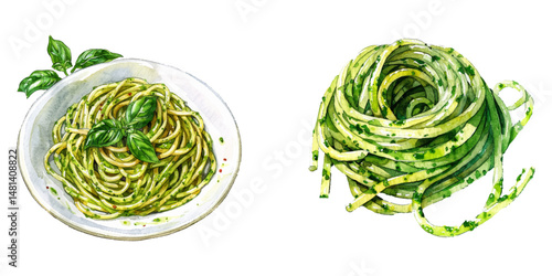 pesto spaghetti watercolor vector illustration