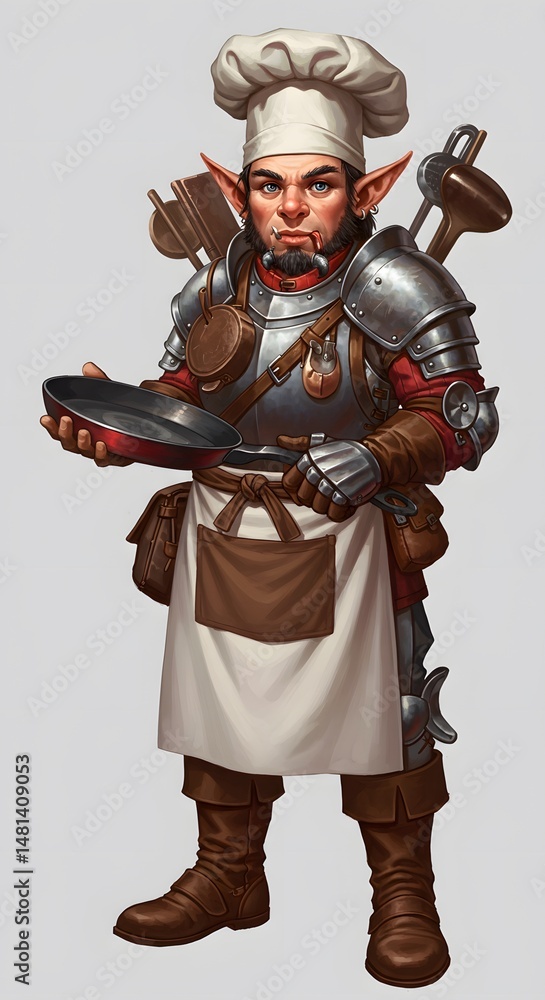 Fototapeta premium A fantasy character wearing armor and a chef's hat holding a frying pan in his left hand