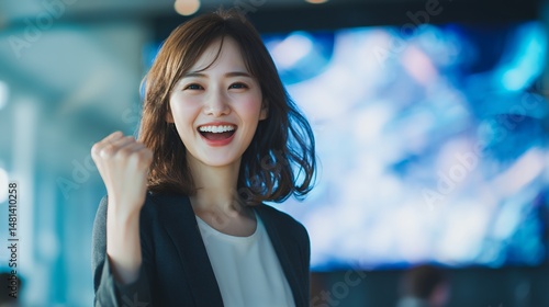 イベント会場で成功を喜ぶ女性リーダー