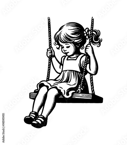 Girl Swinging on a Swing Set Looking Down in Black and White Detailed Engraving Illustration