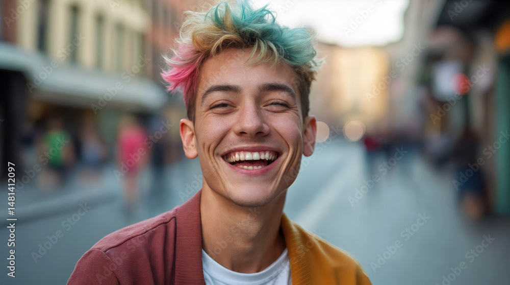 Fototapeta premium Joyful non-binary person smiling outdoors in city street