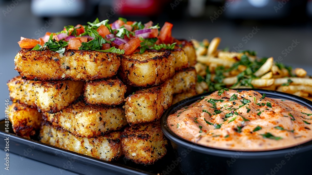 Fried Cheese, Fries and Sauce Plated Fried Cheese, Fries and Sauce Plated