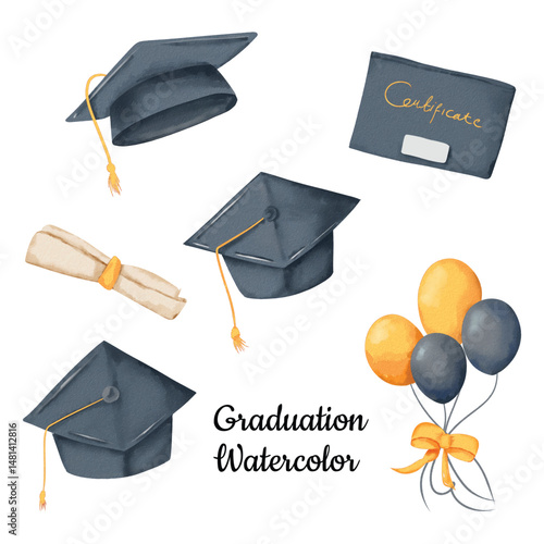 Watercolor Graduation set of Graduation cap