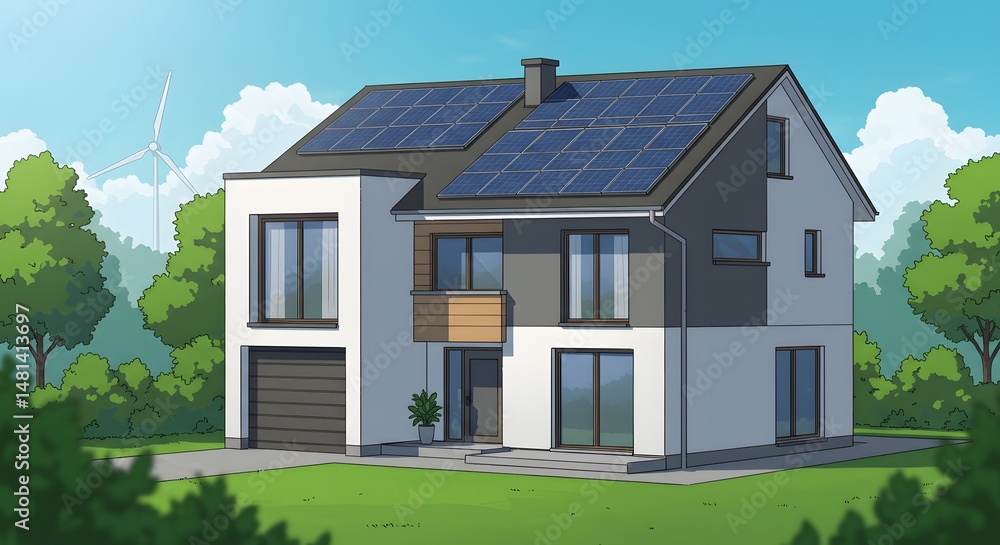 Obraz premium Modern Sustainable Home Design with Solar Panels Eco-Friendly House Illustration