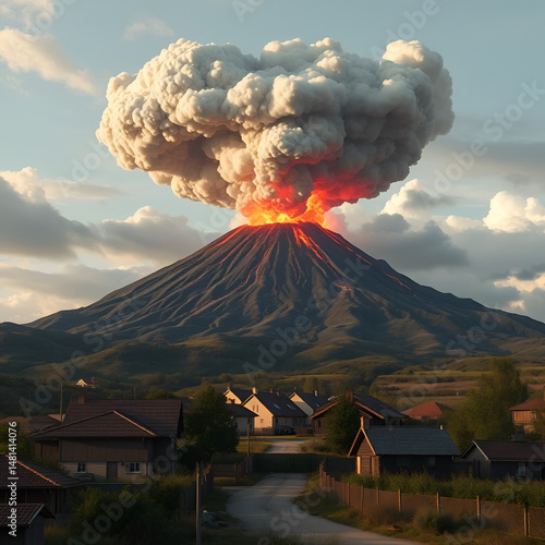 A volcano erupts behind the houses of a village and throws huge clouds of ash and smoke into the sky, made with