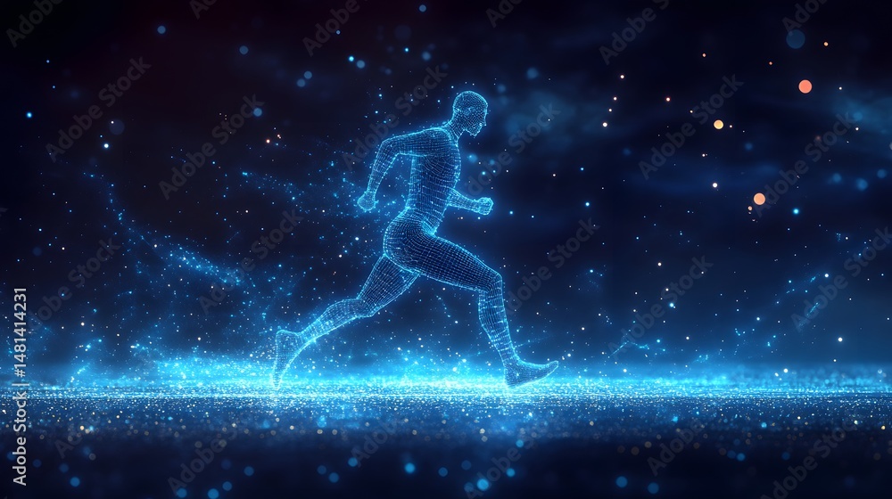 Fototapeta premium Dynamic digital runner! Wireframe human figure strides powerfully across a glowing blue particle field, embodying speed and modern technology. Abstract wireframe in dark blue.