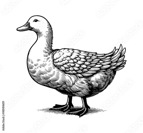 Detailed Engraving of a Duck Standing in Profile, Black and White Illustration, Isolated