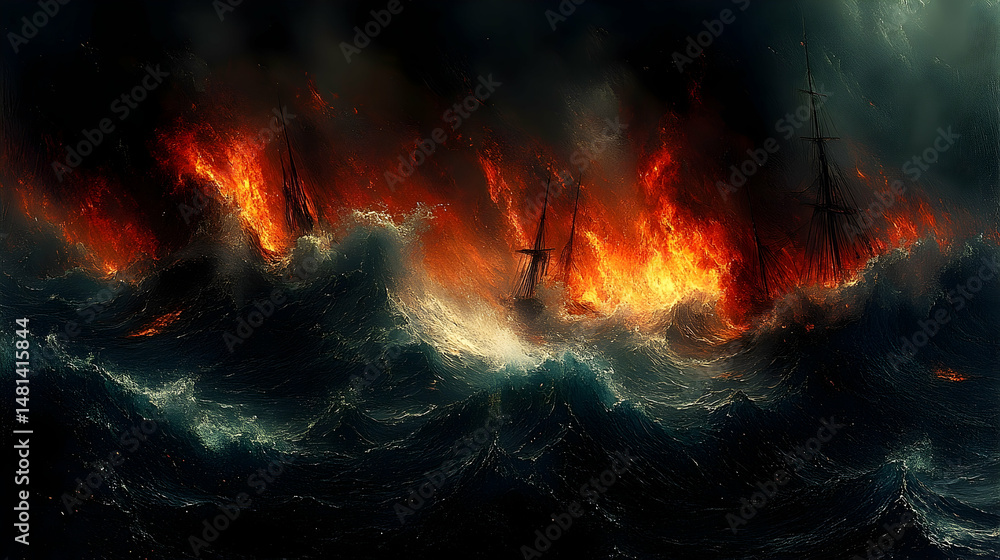 Fototapeta premium Burning ships in stormy sea dramatic night scene