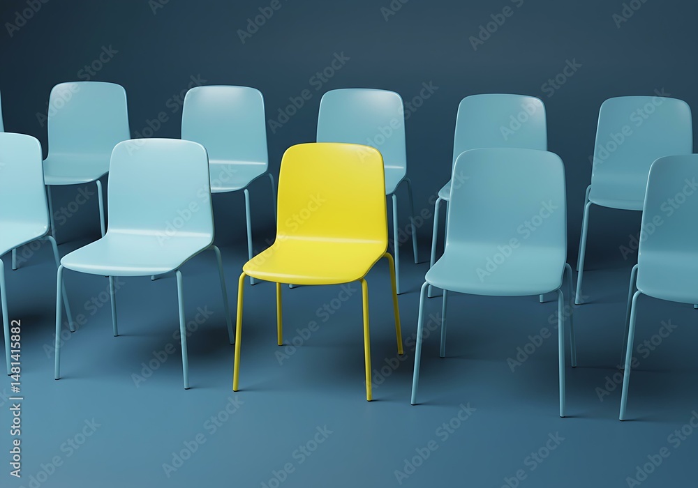 Obraz premium Unique Yellow Chair Among Blue Chairs
