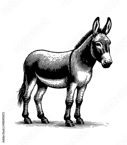 Detailed Black and White Engraved Line Art Illustration of a Standing Donkey