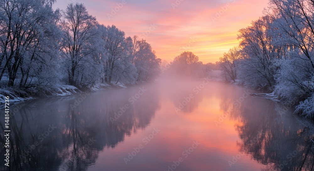 Obraz premium River at Sunrise with Hoar Frost Covered Trees Reflecting in Calm Water