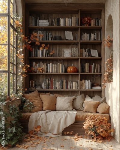Cozy autumnal reading nook with wooden bookshelves (1)