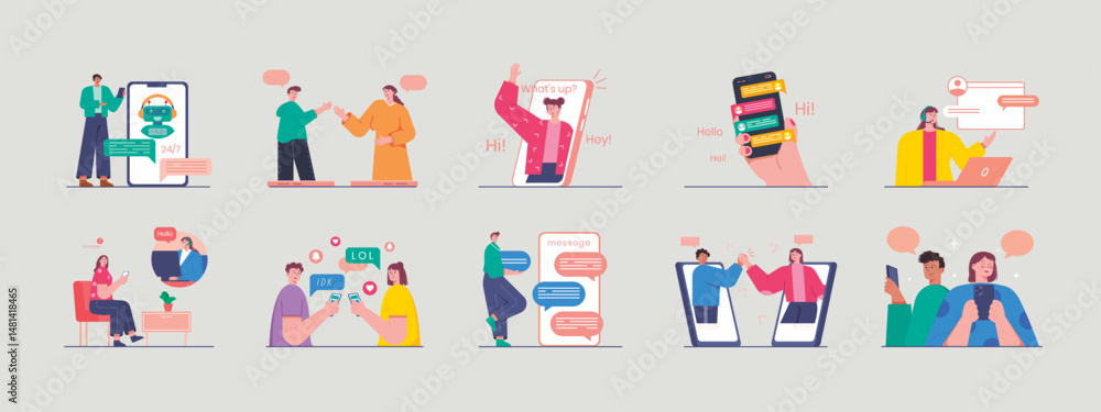 Chatting illustrations set. Communication with phone. Flat vector illustration concept. Chatting illustrations set. Communication with phone. Flat vector illustration concept.