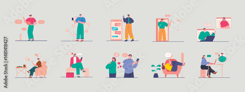 Chatting illustrations set. Communication with phone. Flat vector illustration concept.
