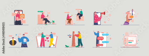 Chatting illustrations set. Communication with phone. Flat vector illustration concept.