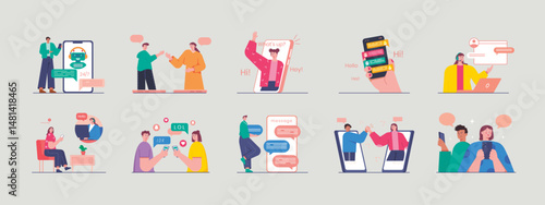 Chatting illustrations set. Communication with phone. Flat vector illustration concept.
