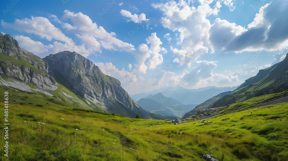 Fototapeta premium Green Mountain Valley Under Blue Sky With White Clouds In Bright Sunlight