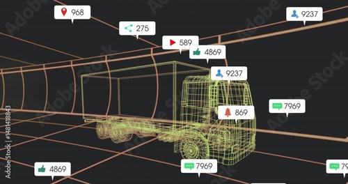 3D wireframe cargo truck moving through neon grid tunnel with floating notification callouts