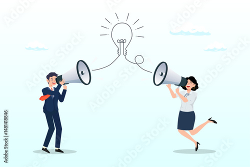 Business people talk on megaphone with idea, communication message, announcement or conversation to communicate idea, information or discussion speech, advertising strategy, speaking or talk concept
