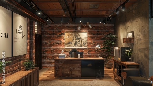 Industrial-style office reception area