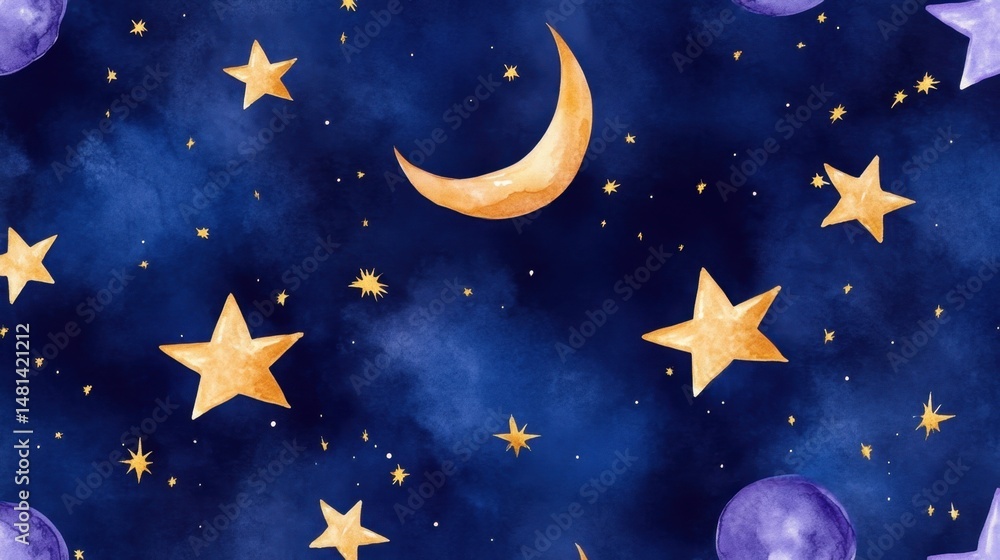 Naklejka premium Cosmic repeat pattern, drawn stars on deep night blue, whimsical hand-splashed style