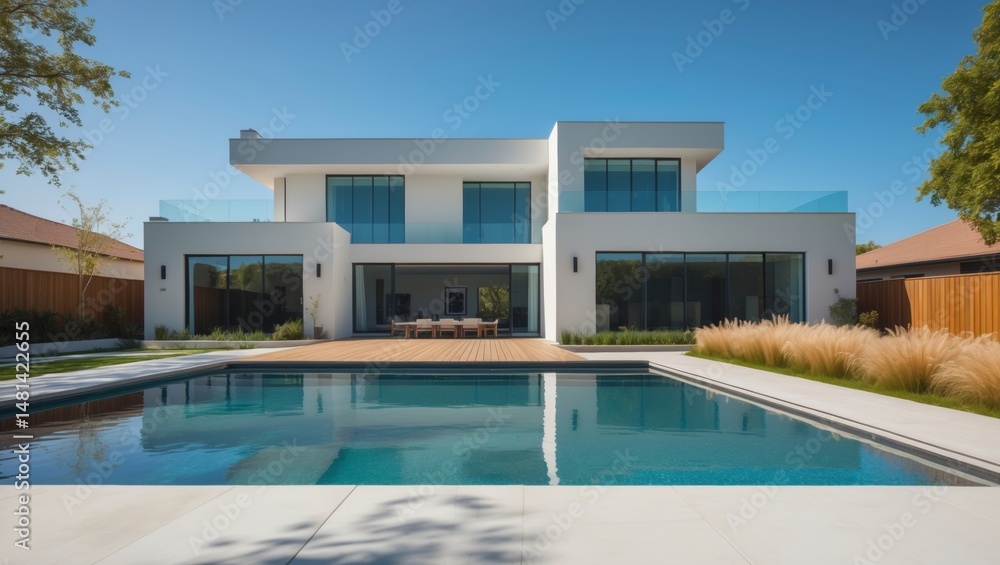 Fototapeta premium A contemporary two-story suburban house with a sleek design featuring large , a spacious lawn, and a modern aesthetic perfect for family living and entertaining guests