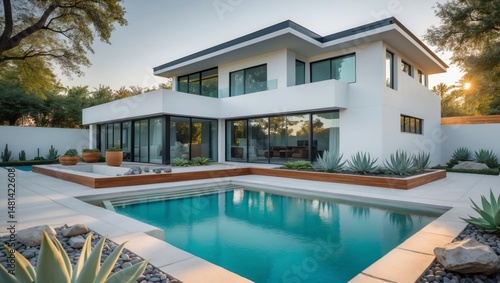 Wallpaper Mural Stunning two-story suburban home featuring a modern flat roof design with large allowing natural light to fill the interior surrounded by lush greenery Torontodigital.ca