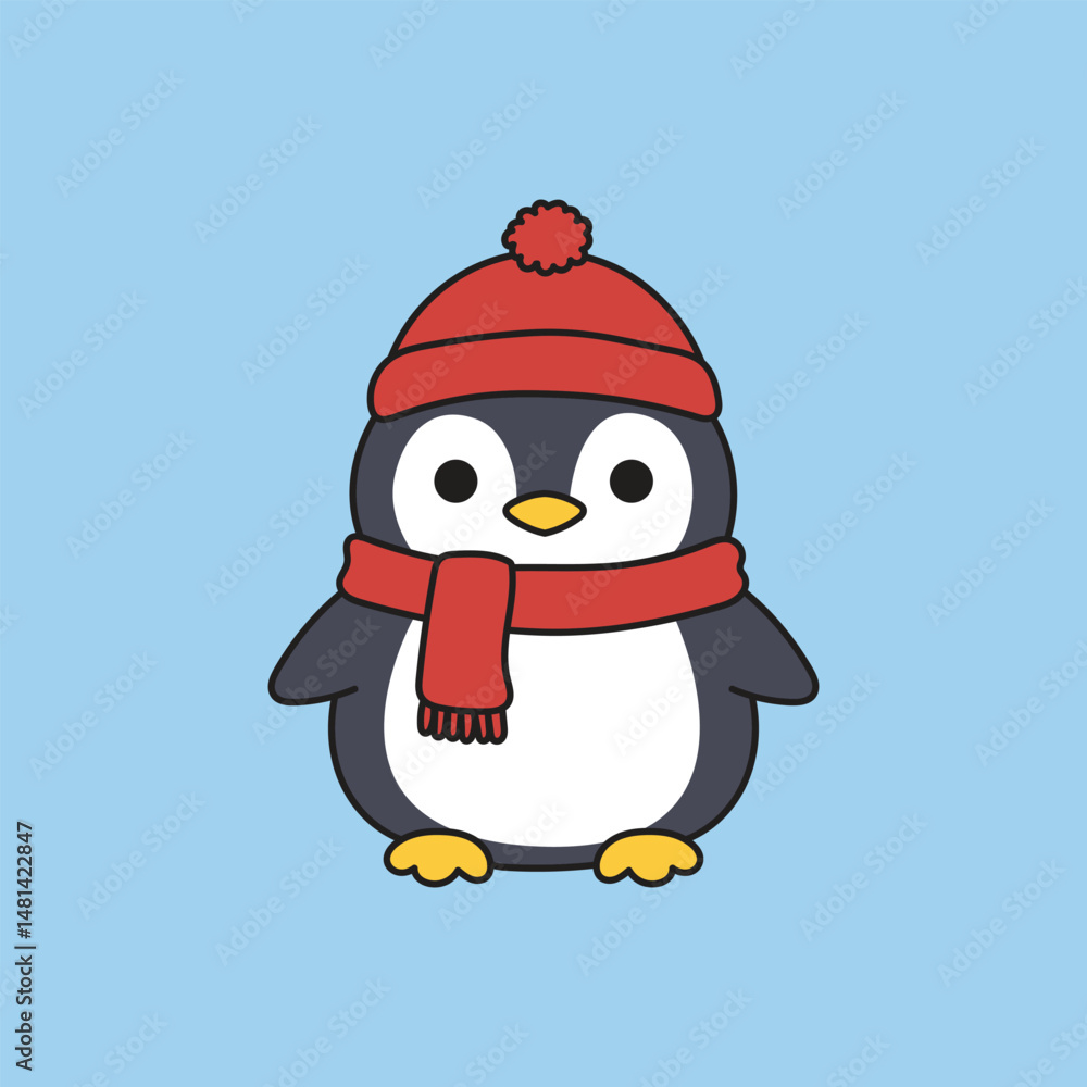 Naklejka premium Adorable cartoon penguin wearing a red beanie and scarf. Perfect for children's illustrations, winter themes, and festive holiday designs.